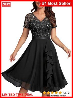 Sequin Lace A-Line Cocktail Party Dress V-Neck Ruffle Hem